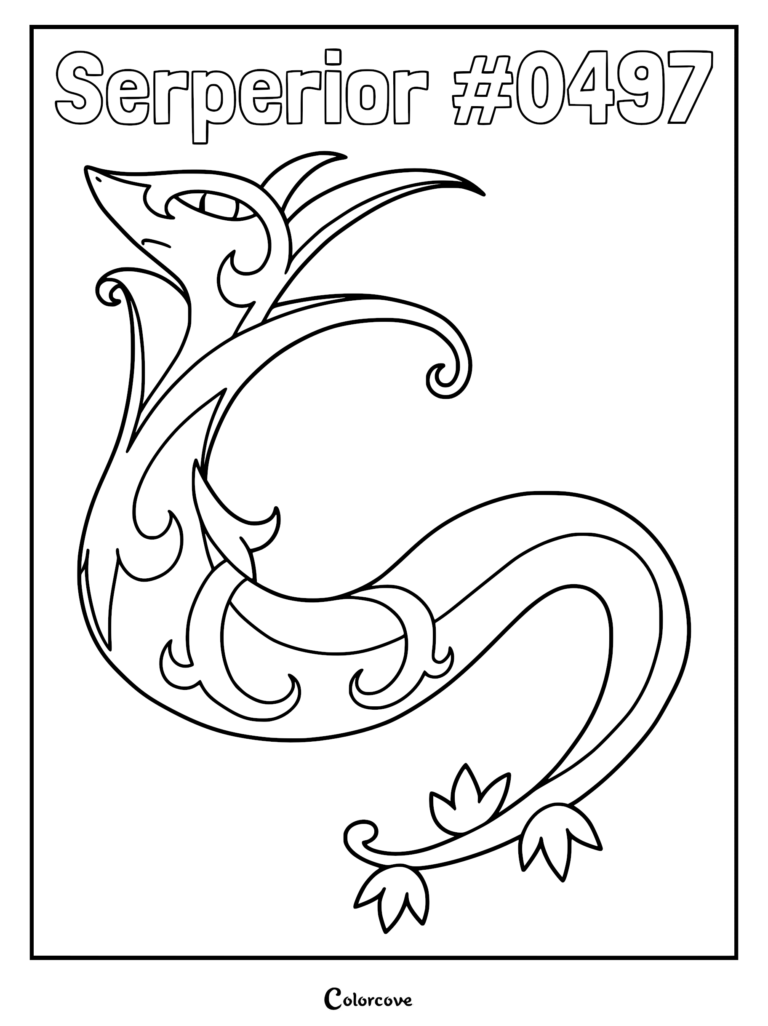 A detailed Serperior coloring page featuring the regal snake-like Pokemon with its elegant leaf-patterned body and crest.