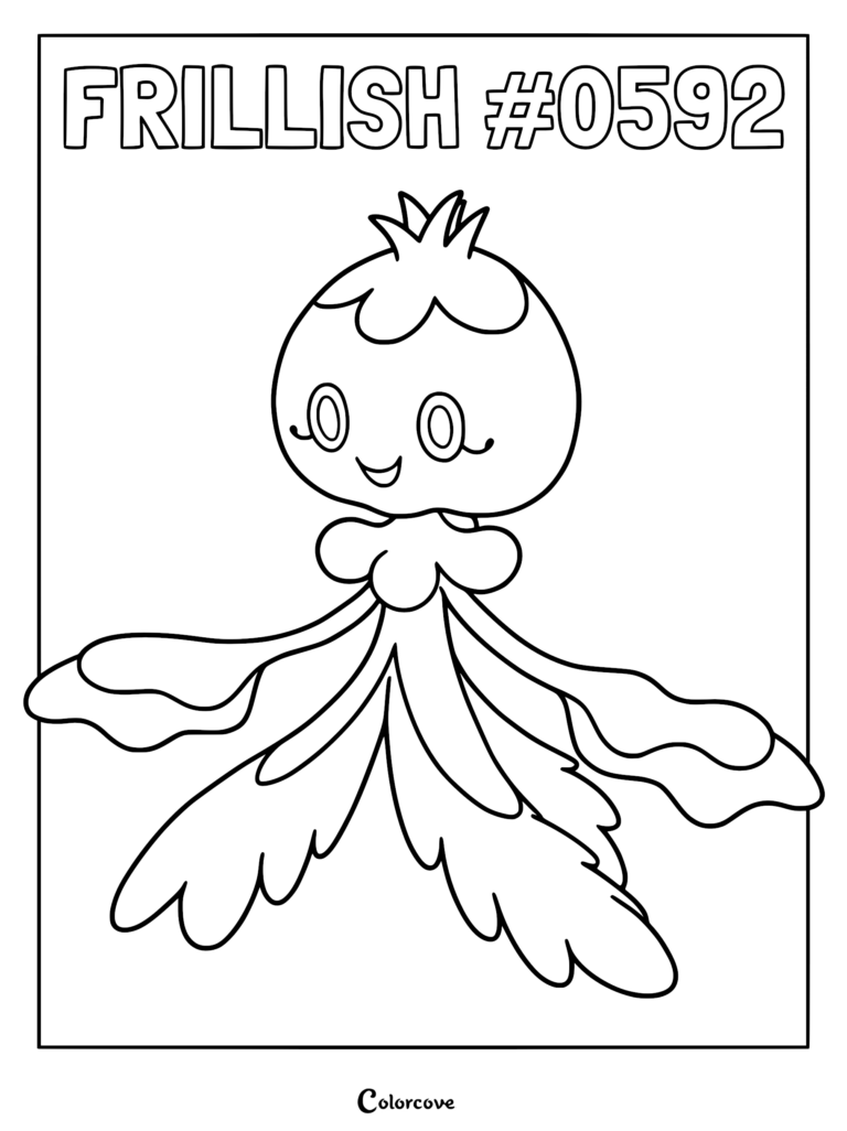 A printable coloring page featuring the Unova Pokemon Frillish with its jellyfish-like body and flowing tentacles.