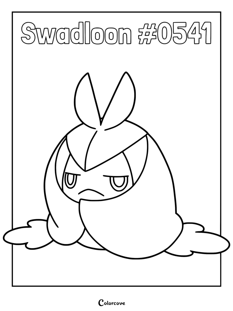 A printable coloring page of the Pokemon Swadloon wrapped in its leaf blanket with a grumpy expression.