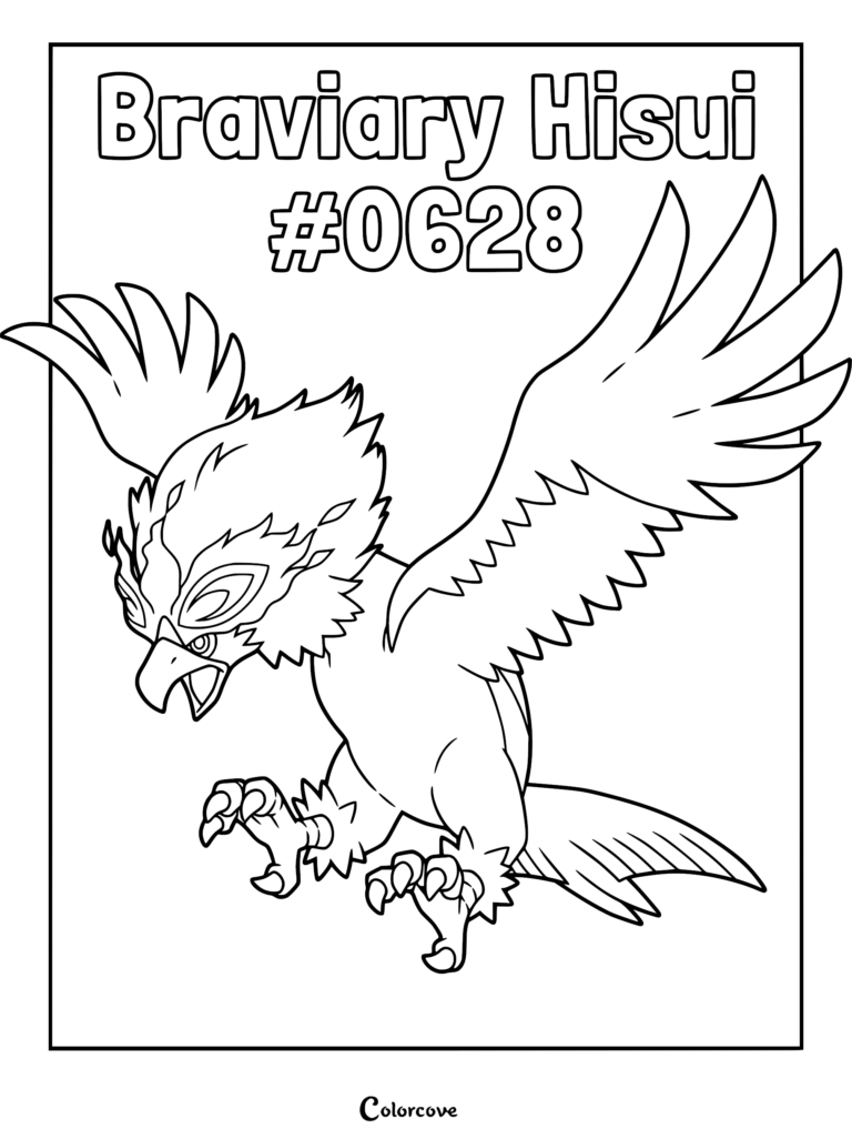 Hisuian Braviary flying with wings spread wide in a detailed line art coloring page.