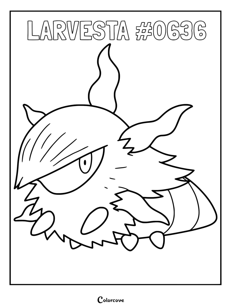 Larvesta Pokemon coloring page featuring the bug-type creature with its signature flame-like horns and segmented body.