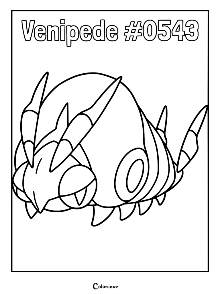 Venipede Pokemon #0543 line art coloring page featuring the centipede-like creature with segmented body and antennae.