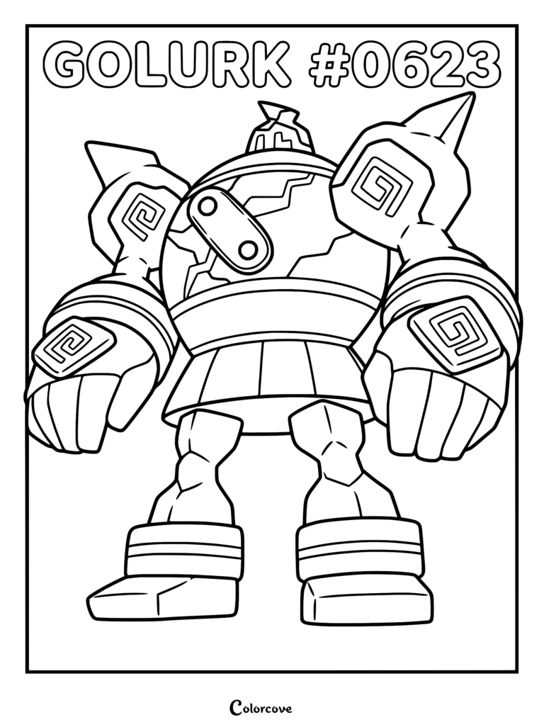 A detailed line art coloring page of the Unova Pokemon Golurk, featuring its massive stone-like body, spiral chest seal, and sturdy robotic limbs.