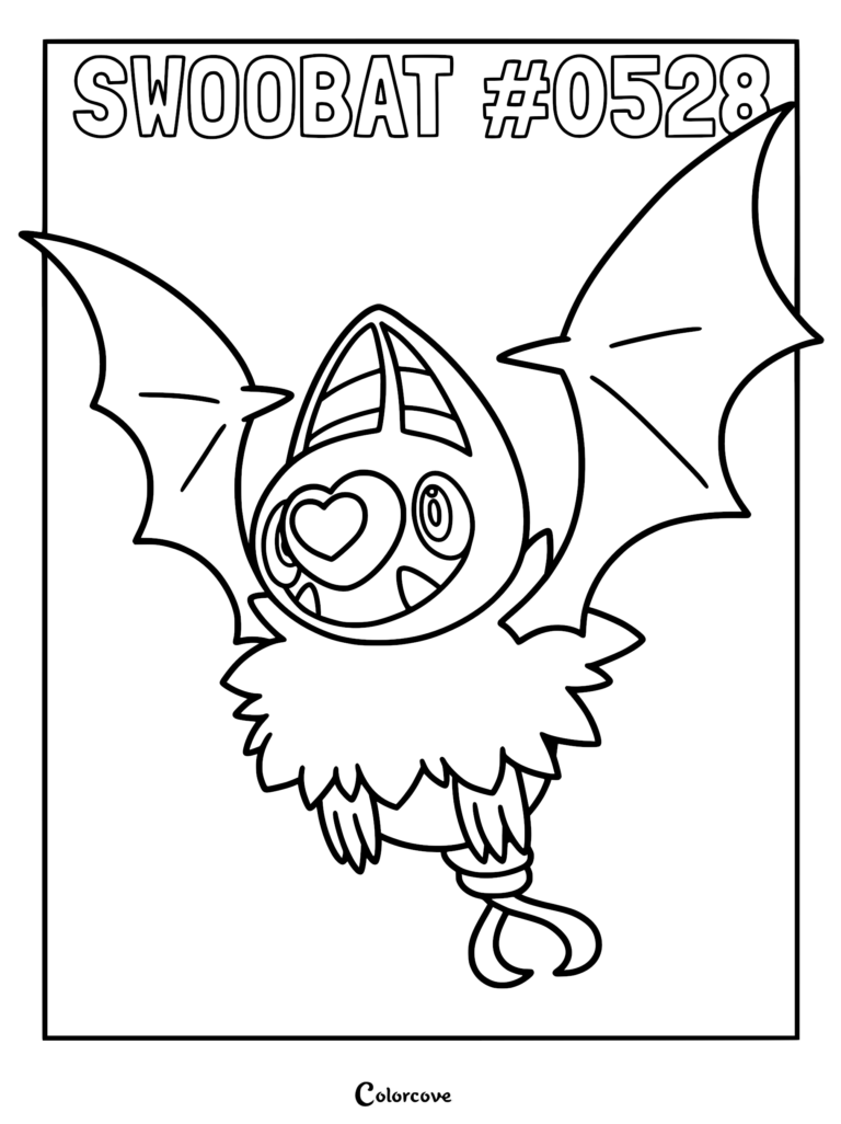 Swoobat with heart-shaped nose and large wings in a printable coloring page format.
