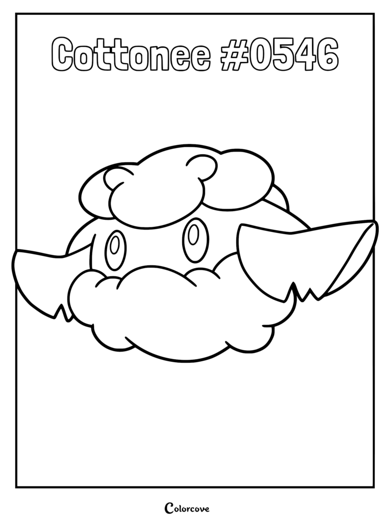 A printable coloring page featuring the Unova Pokemon Cottonee with its signature fluffy cotton-like appearance and leaf-shaped ears.