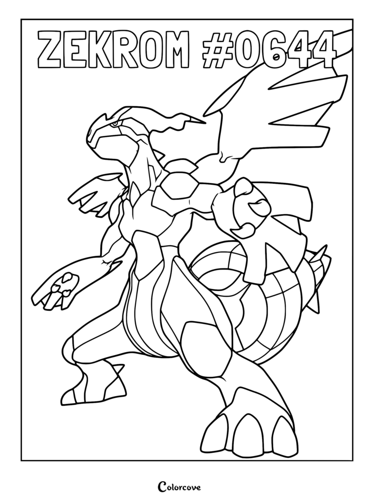 A detailed black and white coloring page of the legendary Pokemon Zekrom standing in a powerful pose with its large wings spread.