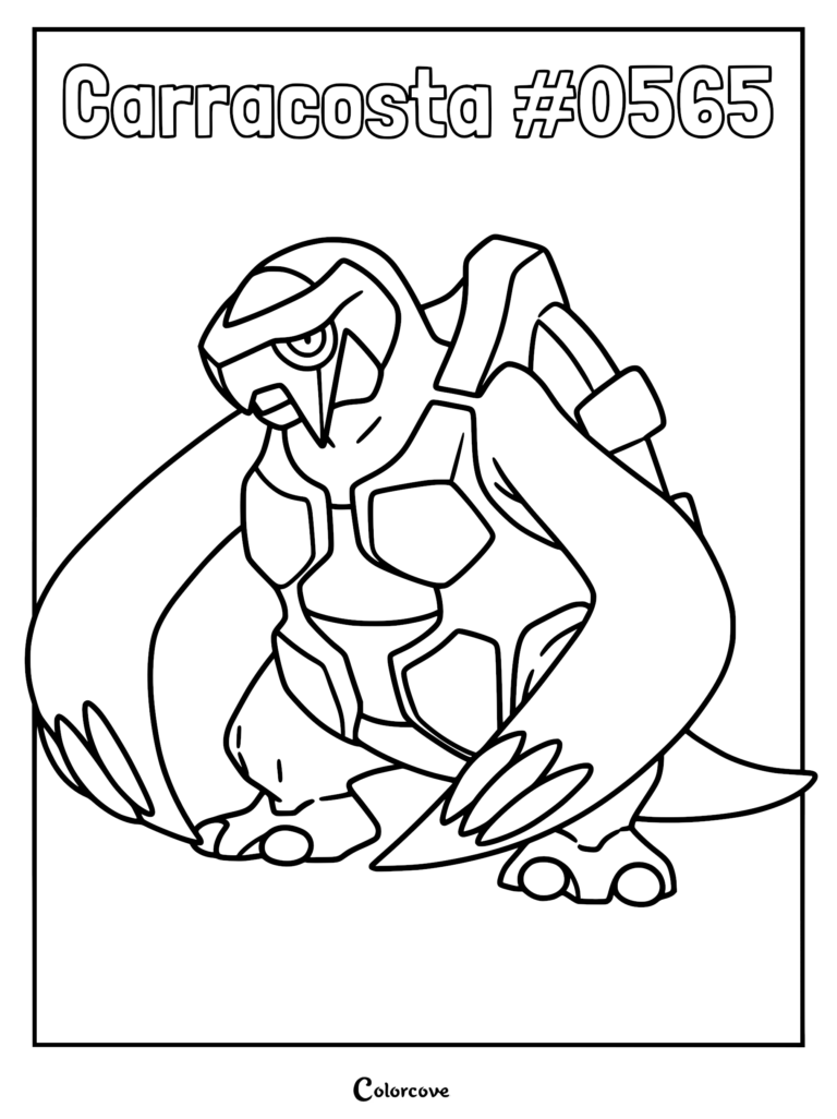 A detailed black and white line art coloring page of the Unova Pokemon Carracosta, showing its sturdy shell and large claws.