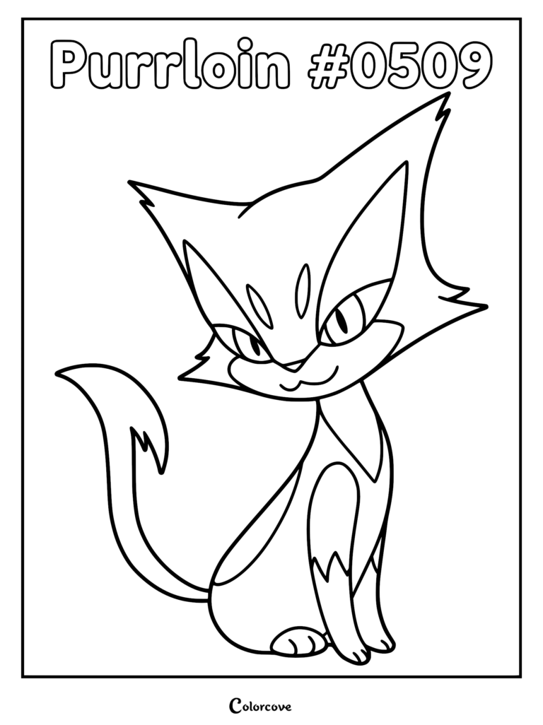 Purrloin sitting in a playful pose for a printable coloring page featuring the Unova region cat Pokemon.