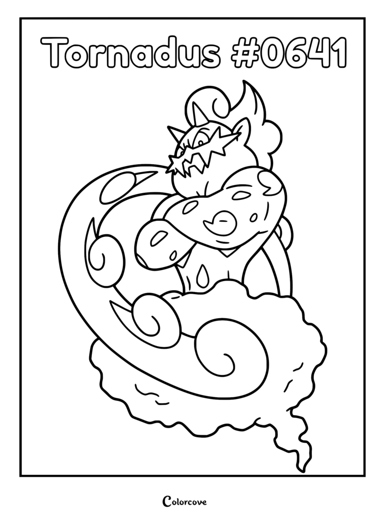 Tornadus Pokemon #0641 line art coloring page showing the legendary wind spirit riding a cloud with a swirling tail.