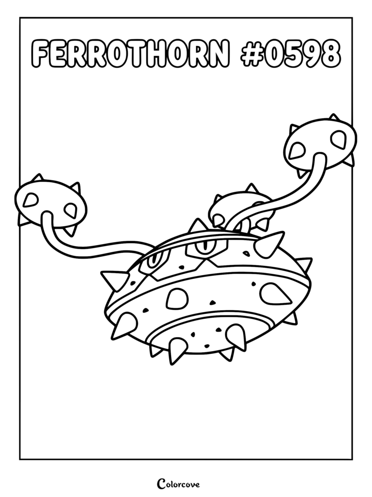 Ferrothorn Pokemon with spiky metal body and extended vine appendages in a printable coloring page format.
