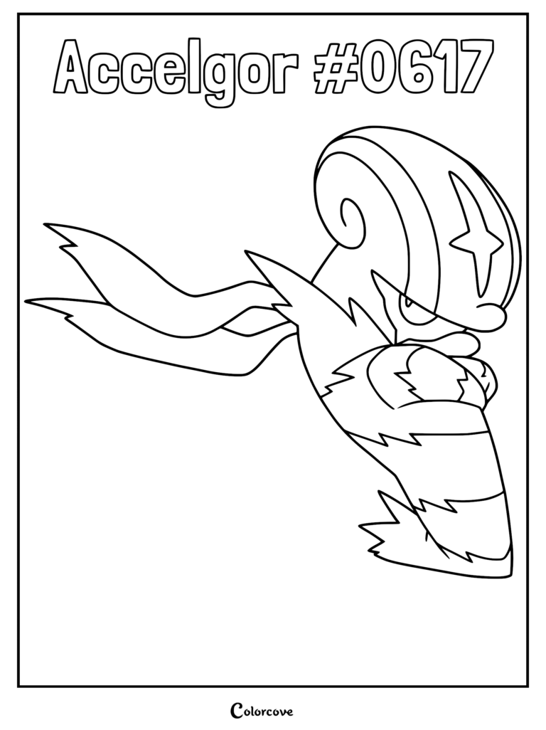 Accelgor #0617 Unova Pokemon coloring page featuring the ninja-like creature with a spiral head and flowing scarf-like appendages.