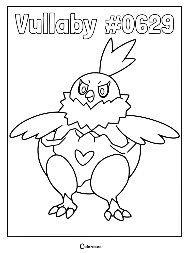 A printable Vullaby coloring page featuring the Unova Pokemon with its signature bone diaper and heart-shaped marking.