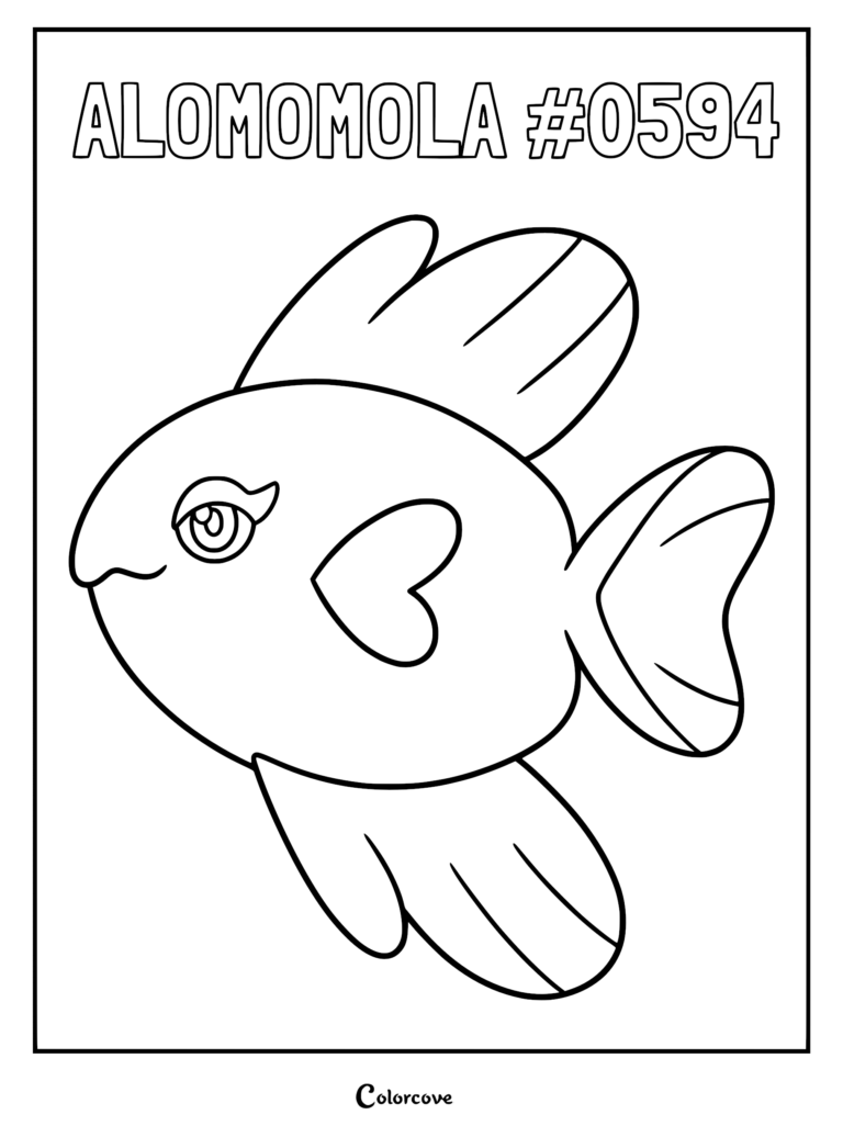 A simple line art coloring page featuring the heart-shaped Pokemon Alomomola with its distinct eye and fin details.