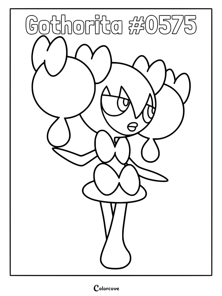 Black and white line art of the Unova Pokemon Gothorita featuring its signature twin hair loops and dress-like body on a coloring page.