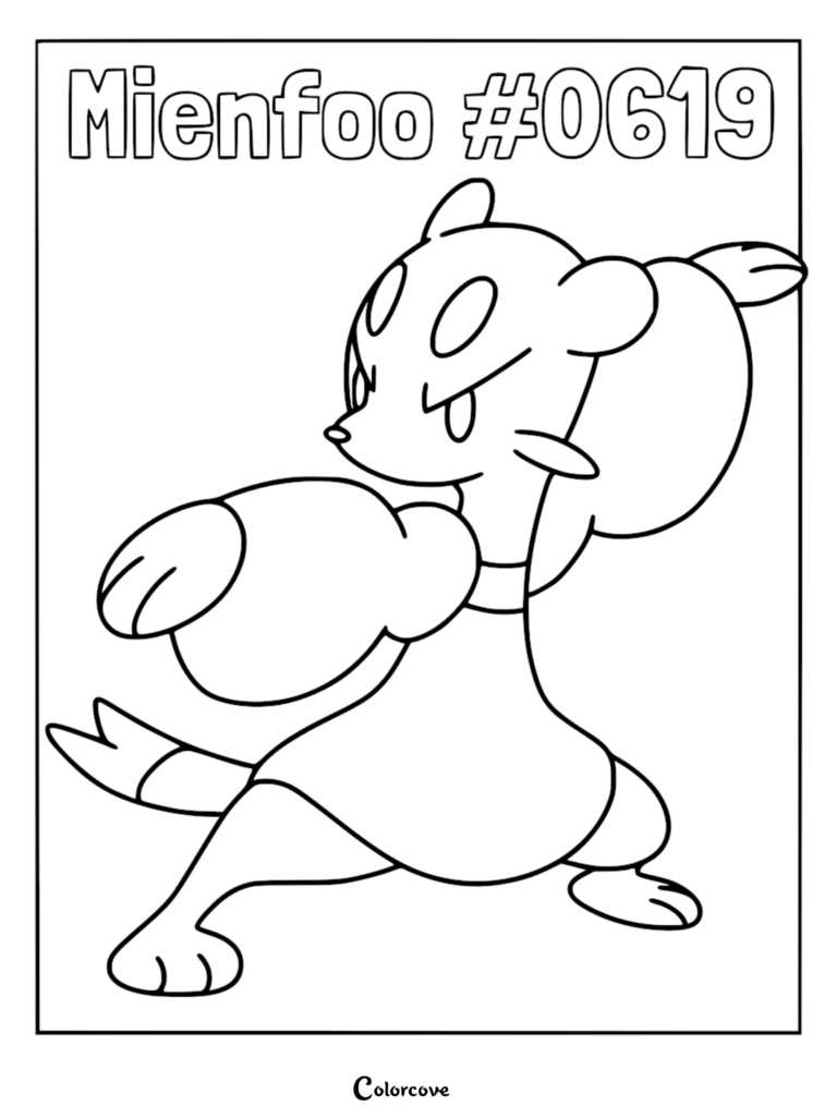 Mienfoo #0619 in a martial arts fighting stance, line art coloring page.