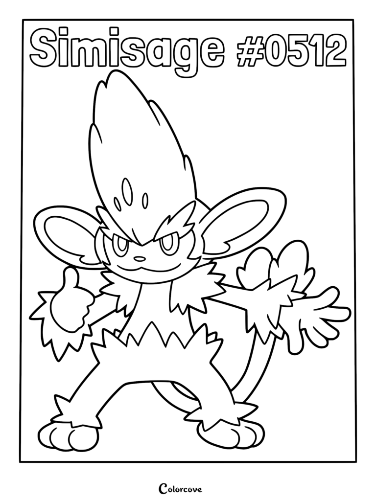 Simisage Pokemon #0512 with a large leaf-like crest and spiky fur, shown in a standing pose giving a thumbs up, black and white line art coloring page.