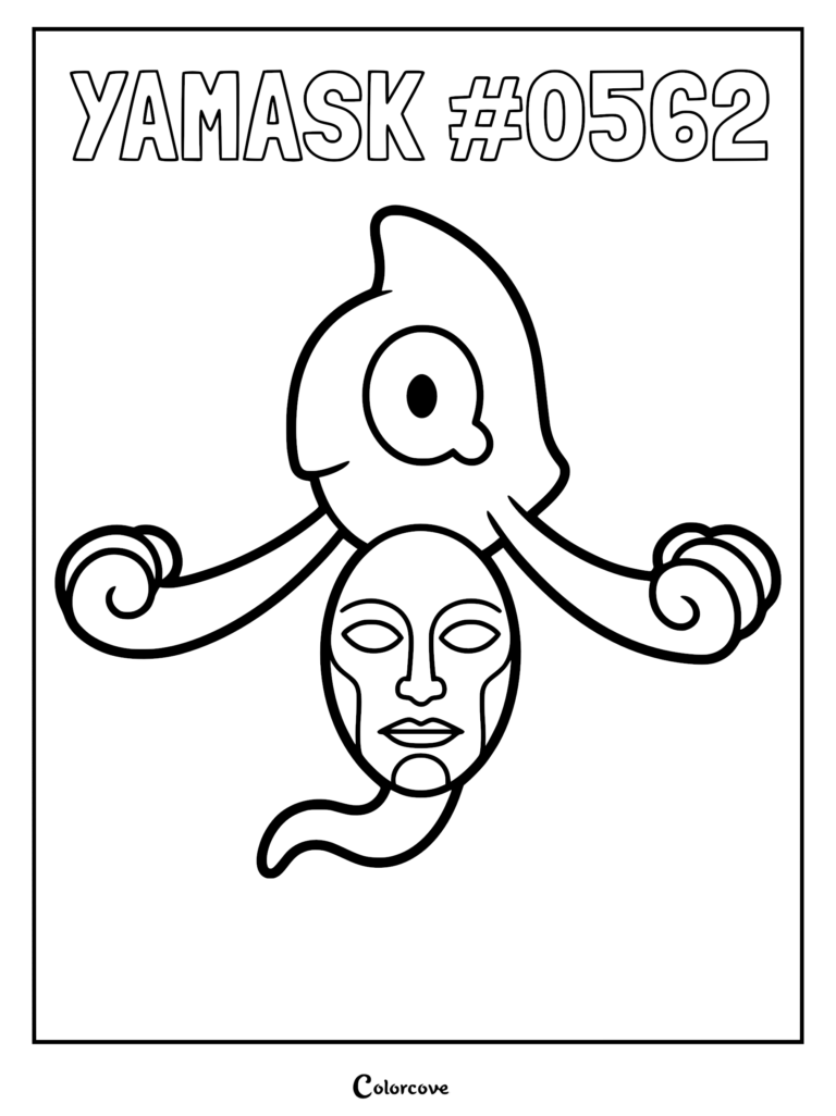 Yamask #0562 line art coloring page featuring the ghost-type Pokemon holding its ancient mask with swirling appendages.