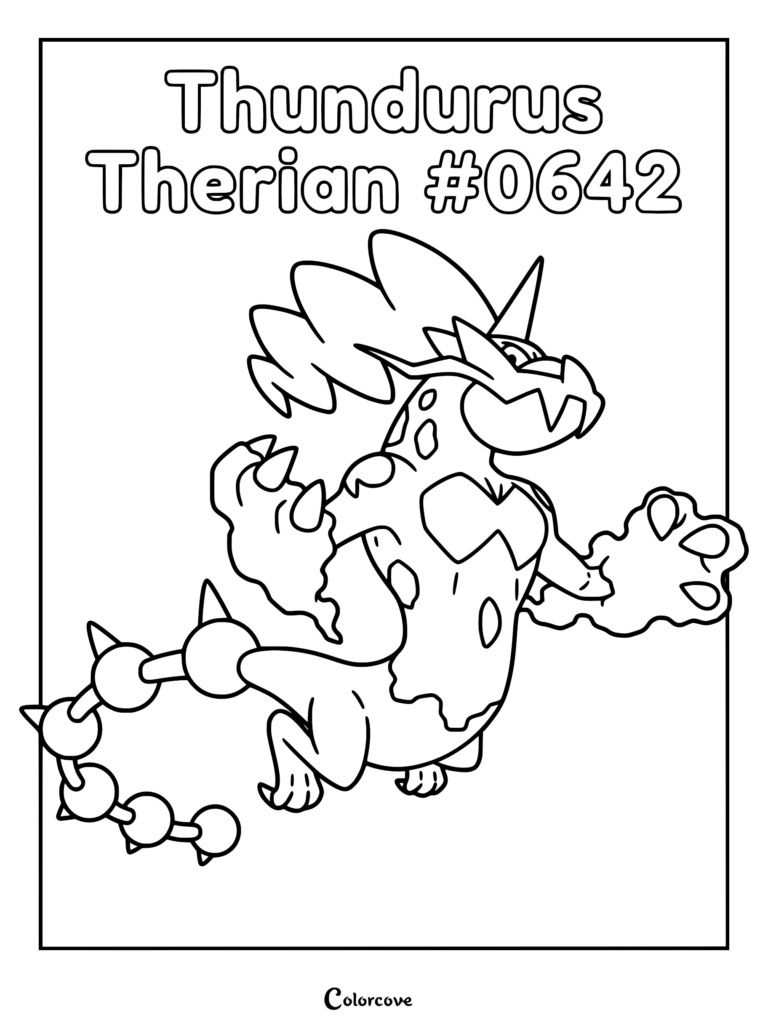 Thundurus Therian Forme with a spiked tail and cloud-like arms in a printable coloring page format.