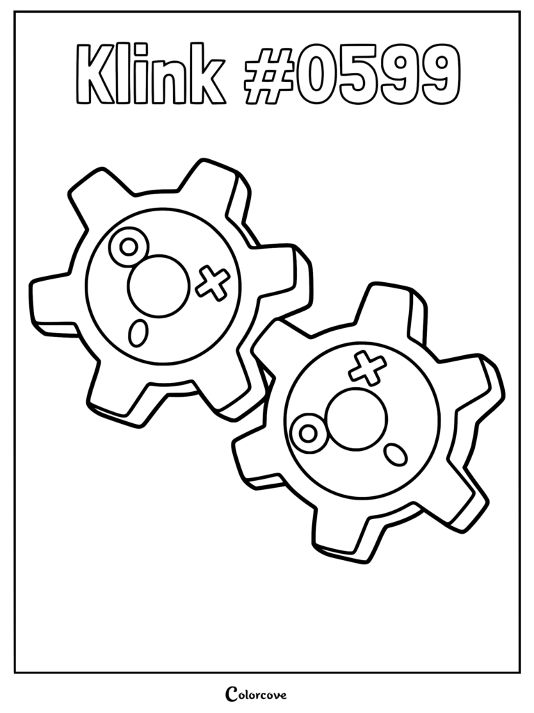 A printable coloring page featuring the Unova Pokemon Klink, showing two interlocking gear-shaped bodies with distinct facial features.
