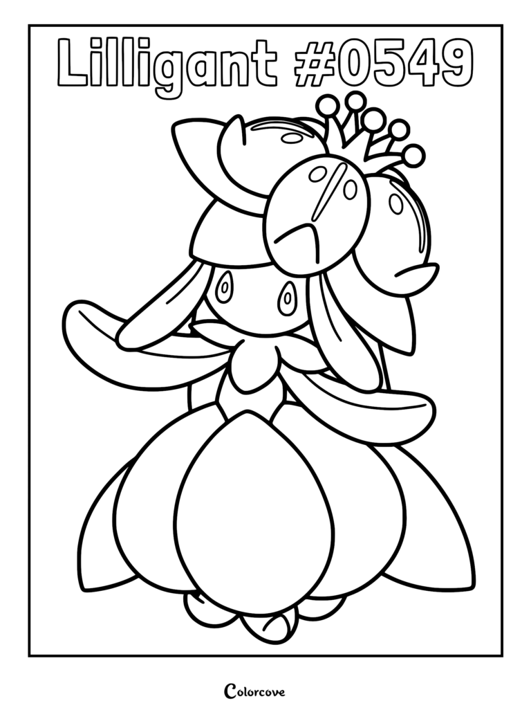 Lilligant #0549 Pokemon coloring page featuring the flower-crowned creature with large petals and a regal headpiece.