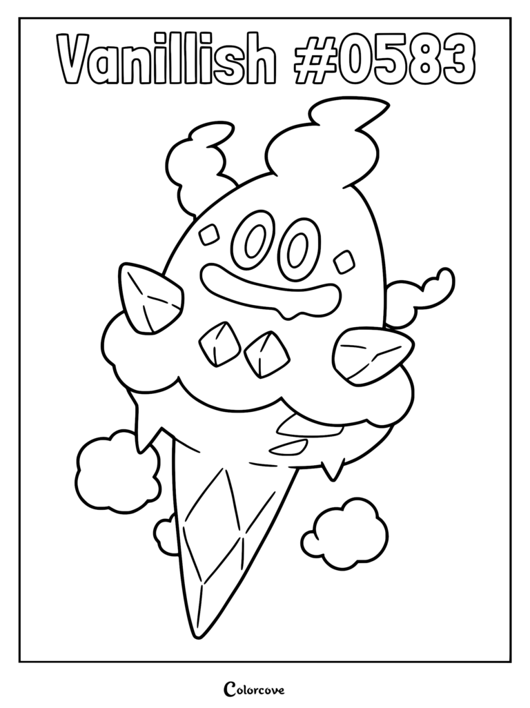 A printable coloring page featuring the ice-type Pokemon Vanillish with its signature cone body and crystal shards.