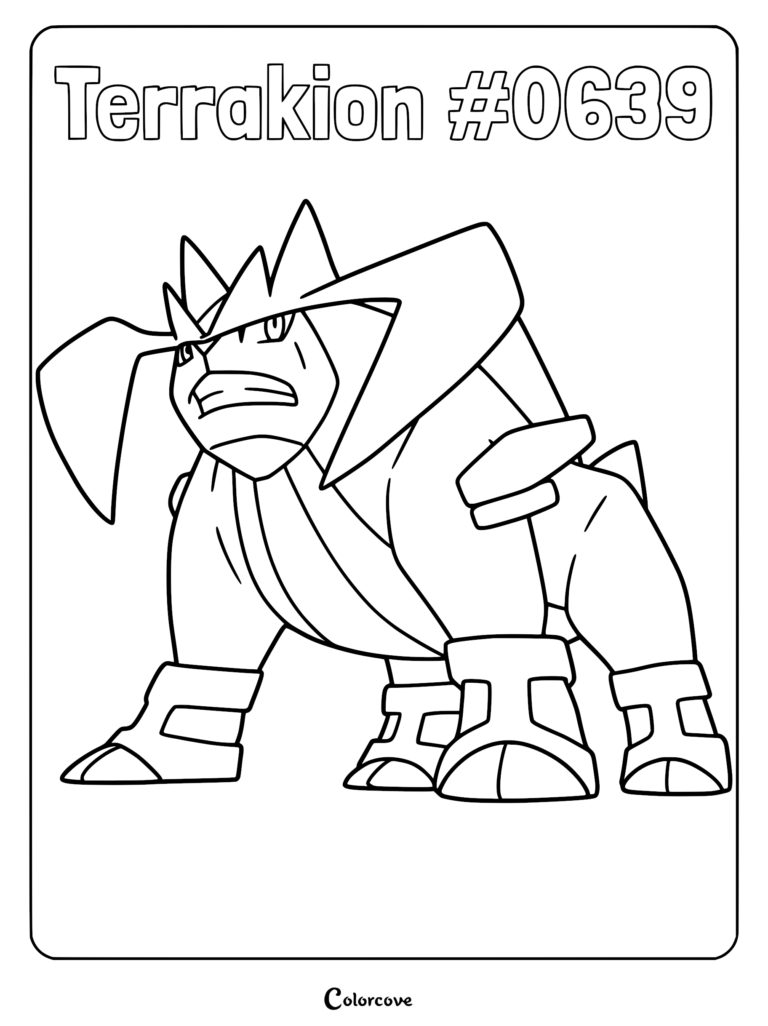 A detailed line art coloring page of the Unova Pokemon Terrakion standing in a powerful stance with its signature large horns.