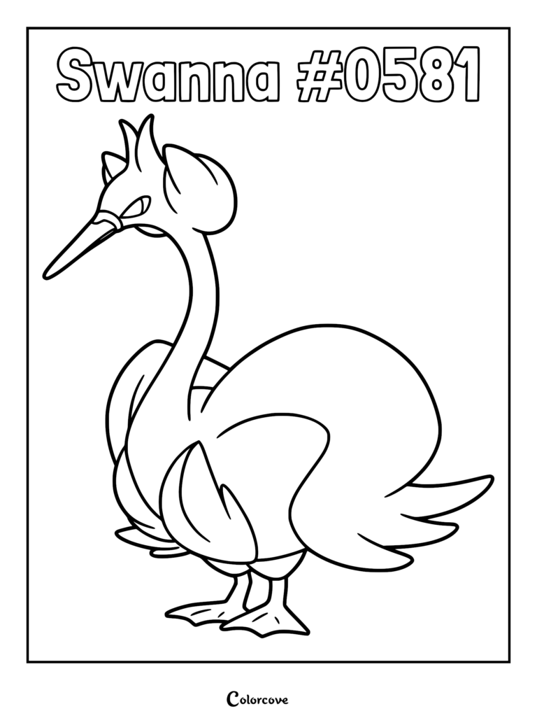 Swanna Pokemon #0581 standing in a side profile view, line art coloring page.