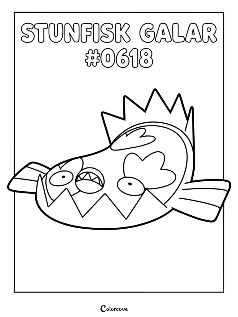 A printable coloring page featuring Galarian Stunfisk with its distinct bear-trap mouth and jagged, rock-like body design.