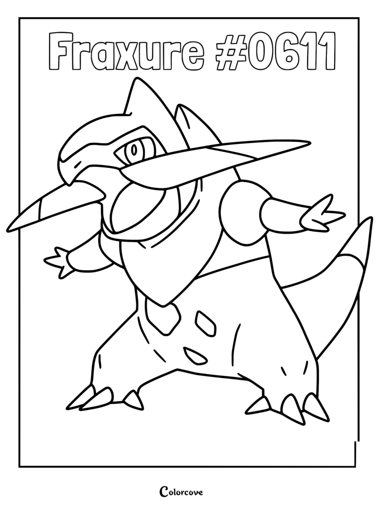 Black and white line art of the Unova Pokemon Fraxure with its signature tusks and bipedal stance on a coloring page.