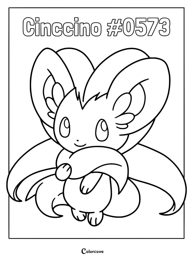 Cinccino #0573 Pokemon line art coloring page featuring the fluffy Unova region creature with large ears and flowing fur.