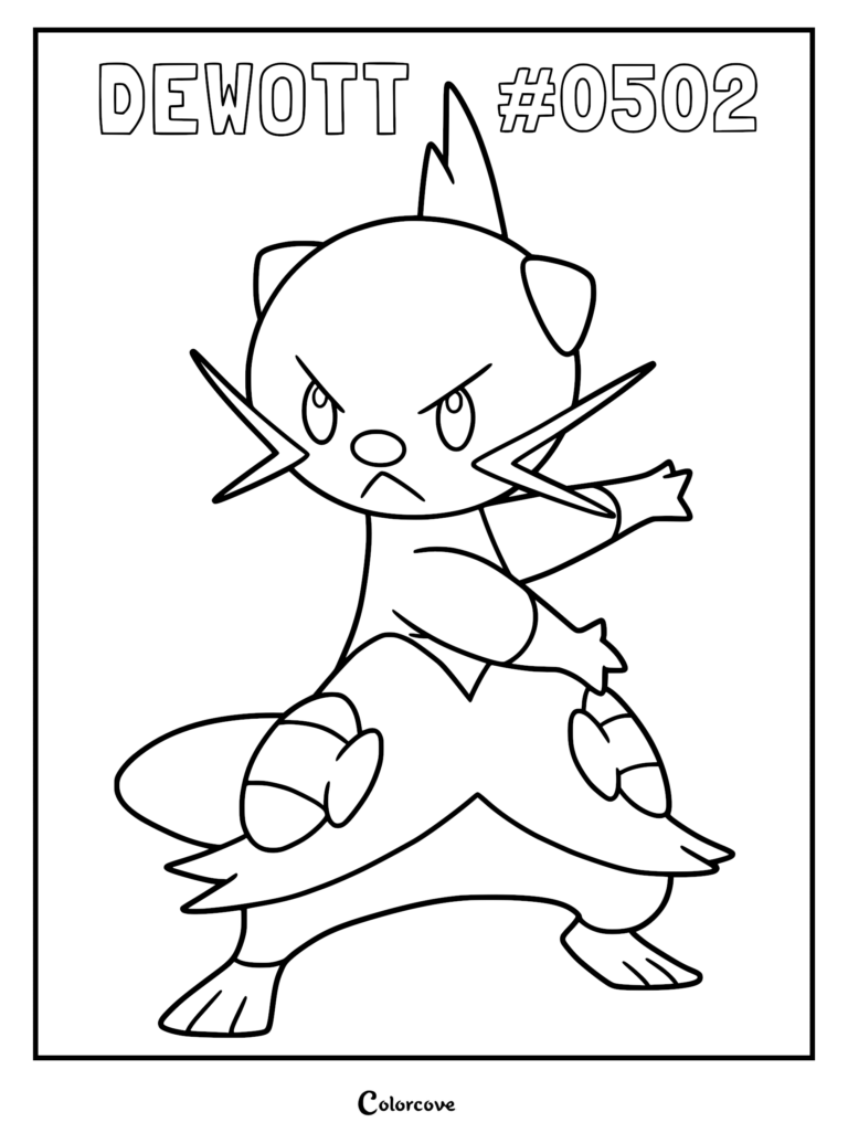 Dewott standing in a battle stance with scalchops on its thighs, featured on a printable coloring page.