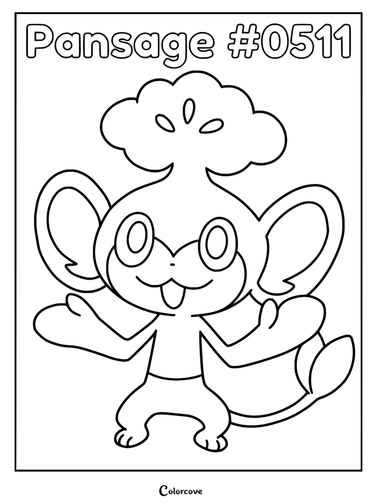 Pansage #0511 line art coloring page featuring the grass-type monkey Pokemon with its signature leaf-like tuft on its head.