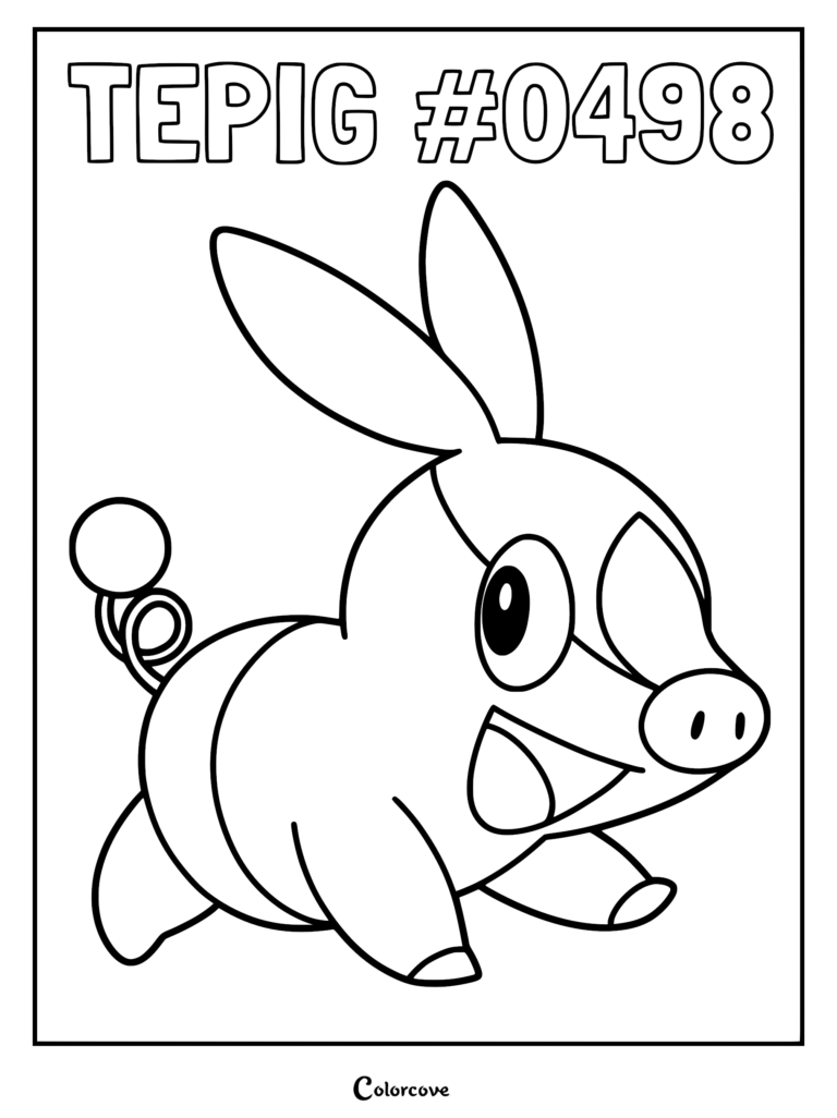 A printable coloring page featuring Tepig with its signature curly tail and large ears.