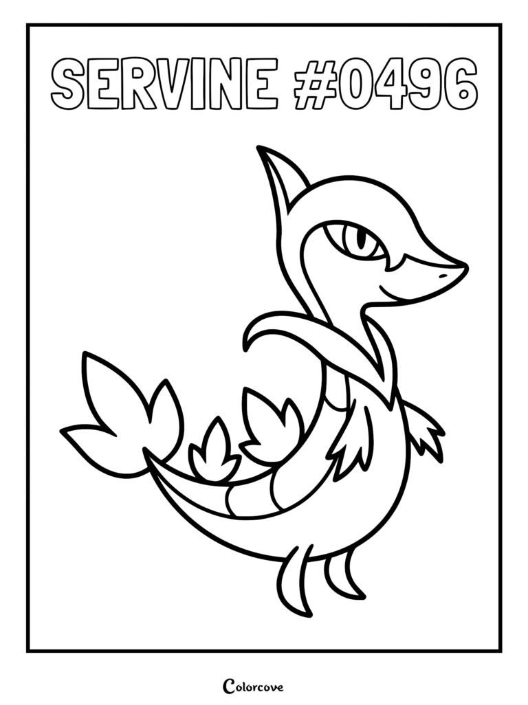 Servine #0496 standing in profile view, a detailed Pokemon coloring page featuring the grass-type snake creature with leaf-like tail appendages.