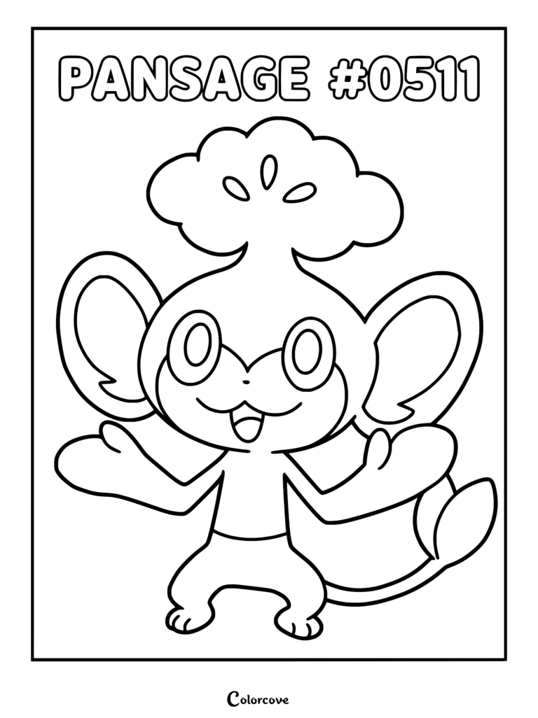 A printable coloring page featuring the Unova Pokemon Pansage with its signature leafy tuft and large ears.