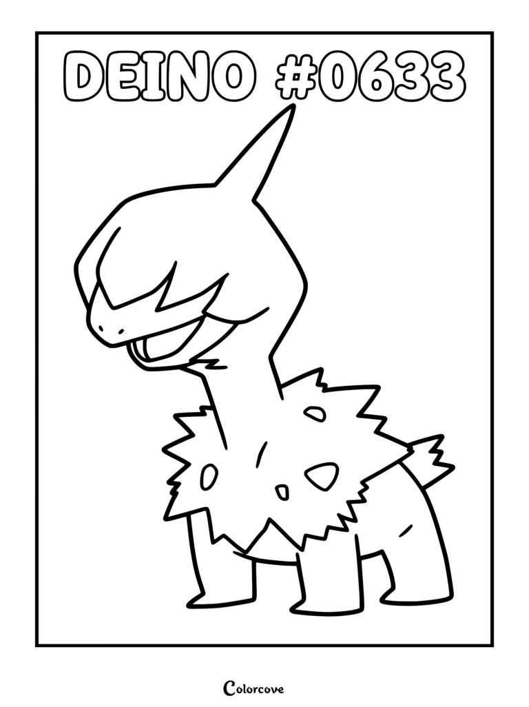 Deino Pokemon #0633 line art coloring page featuring the Unova dragon type with its signature shaggy mane and single horn.