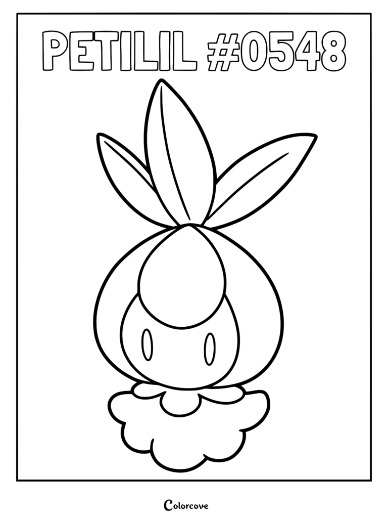 A clean line art coloring page of the Unova Pokemon Petilil featuring its signature leaf crown and bulbous head.
