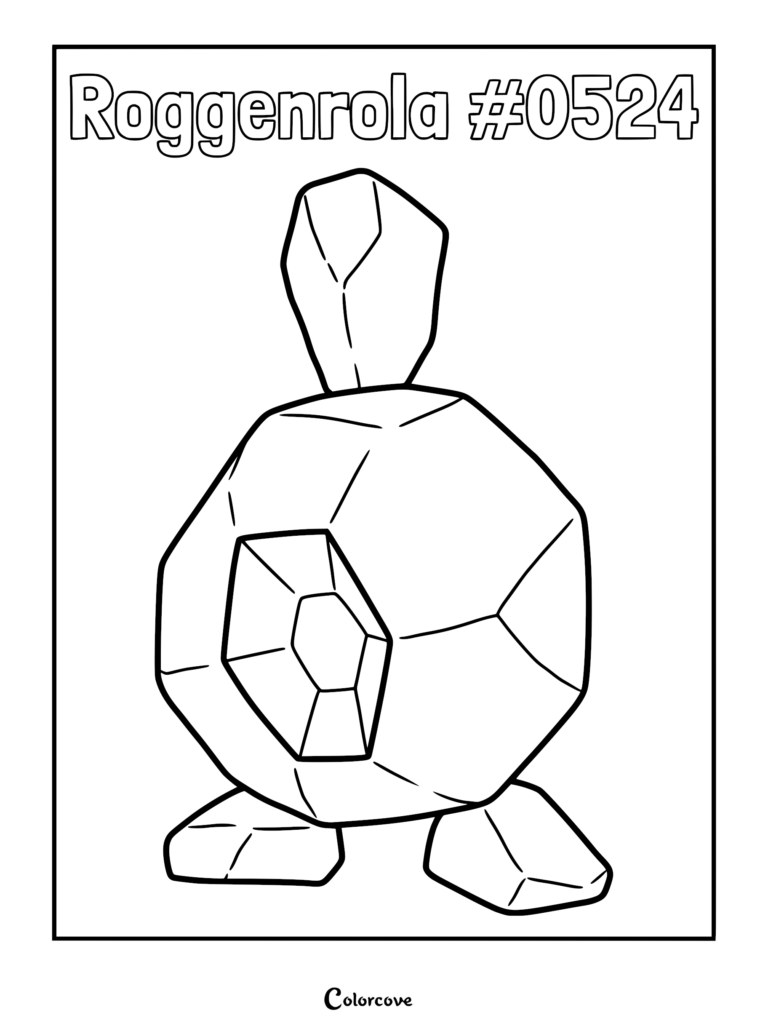 A printable coloring page featuring the rock-type Pokemon Roggenrola with its distinct hexagonal ear and crystalline body structure.