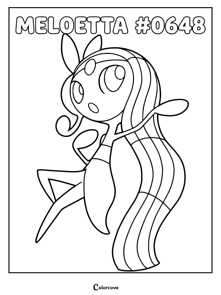 Meloetta #0648 line art coloring page featuring the musical Pokemon with long flowing hair and a graceful pose.