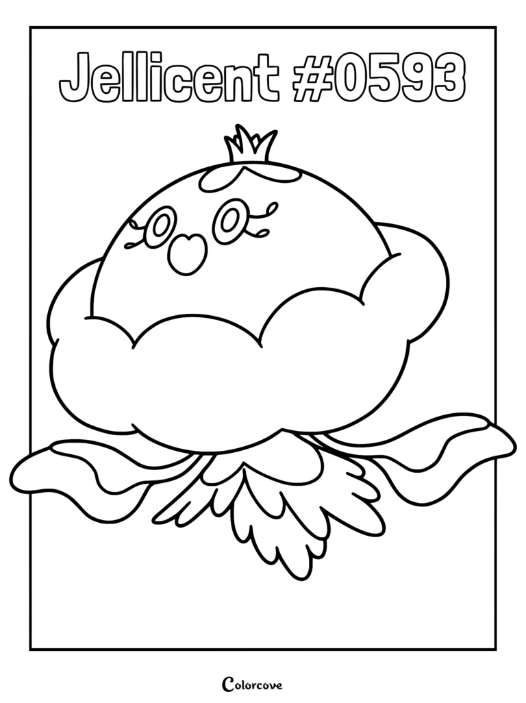 A printable Jellicent coloring page featuring the jellyfish-like Pokemon with its crown-like head and flowing tentacles.