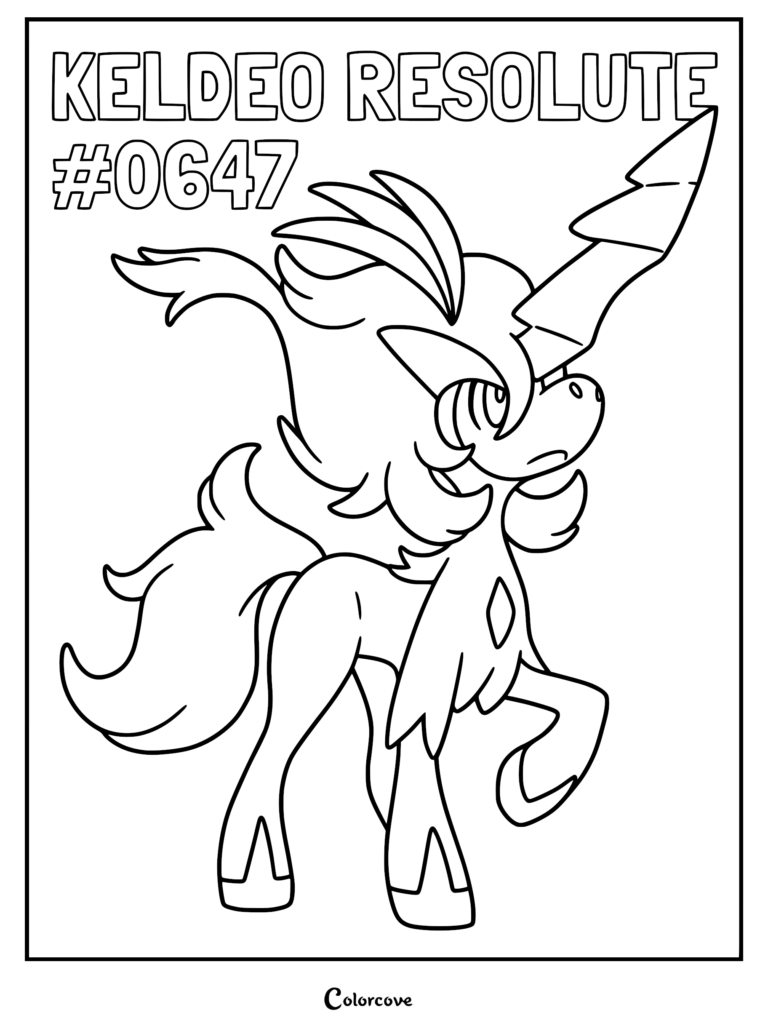Keldeo in Resolute Form with a large horn on its forehead, standing in a proud pose, featured on a printable coloring page.