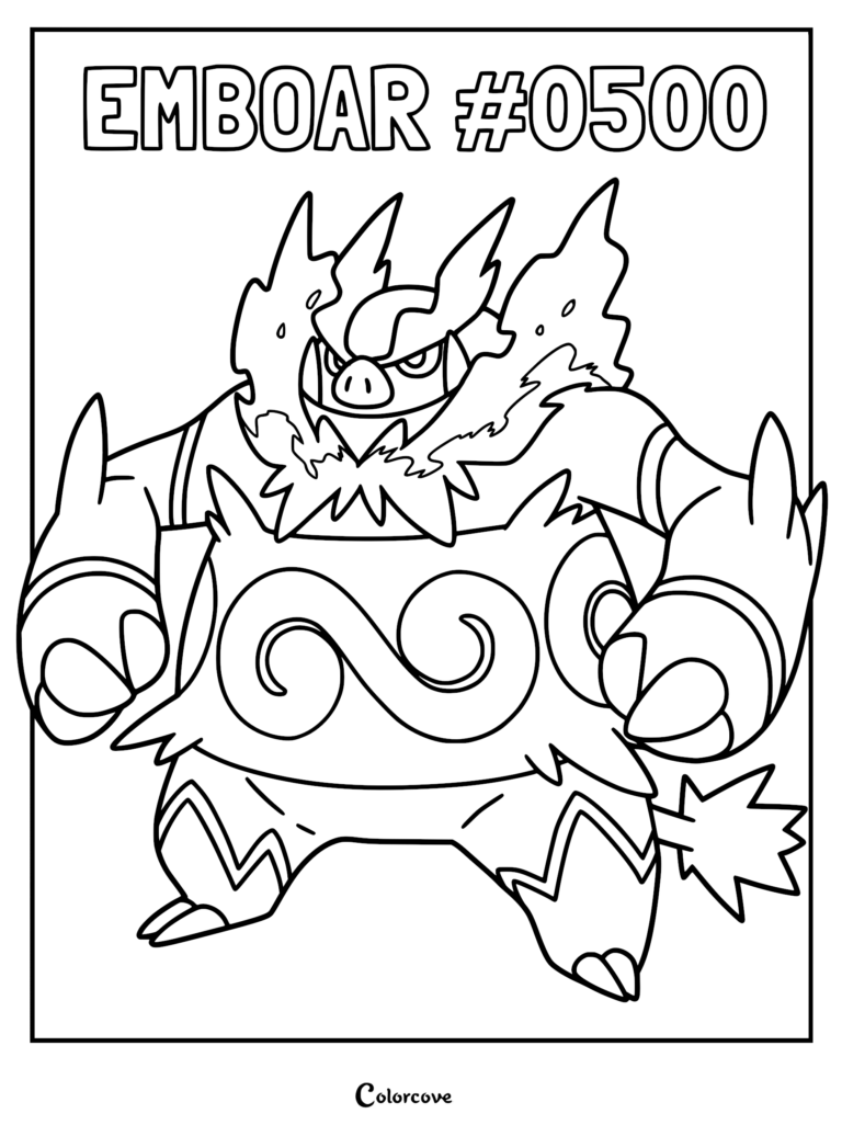 Emboar standing in a powerful pose with flame-like mane, featured on a printable coloring page.