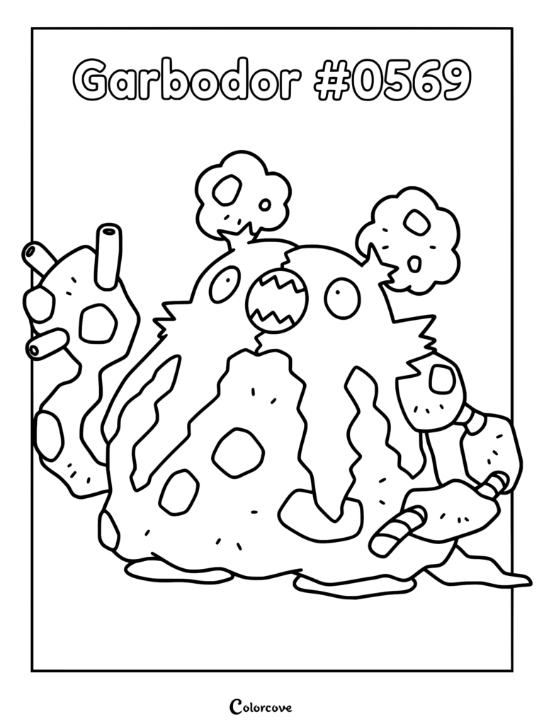 A black and white line art coloring page of the Pokemon Garbodor, showing its trash-heap body, pipe-like appendages, and jagged mouth.