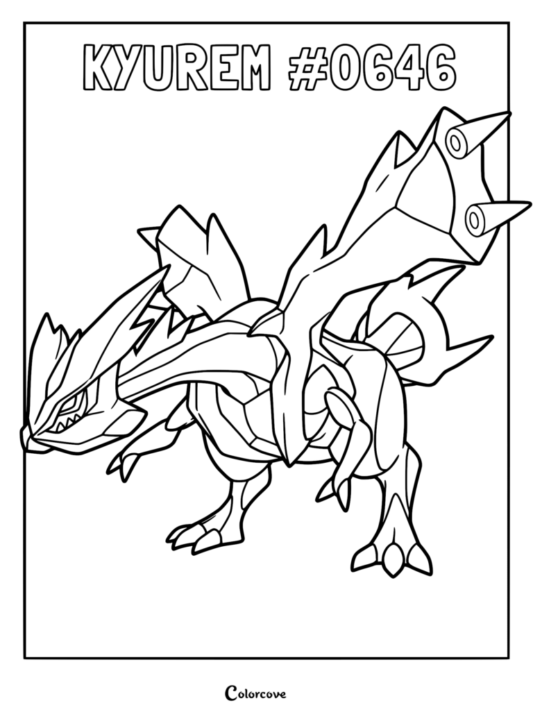 Kyurem #0646 standing in a dynamic pose for a printable coloring page featuring sharp icy wings and jagged details.