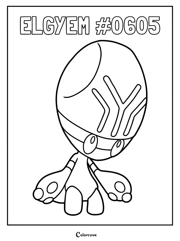 Elgyem Pokemon #0605 line art coloring page featuring the alien-like creature with a large head and three-fingered hands.