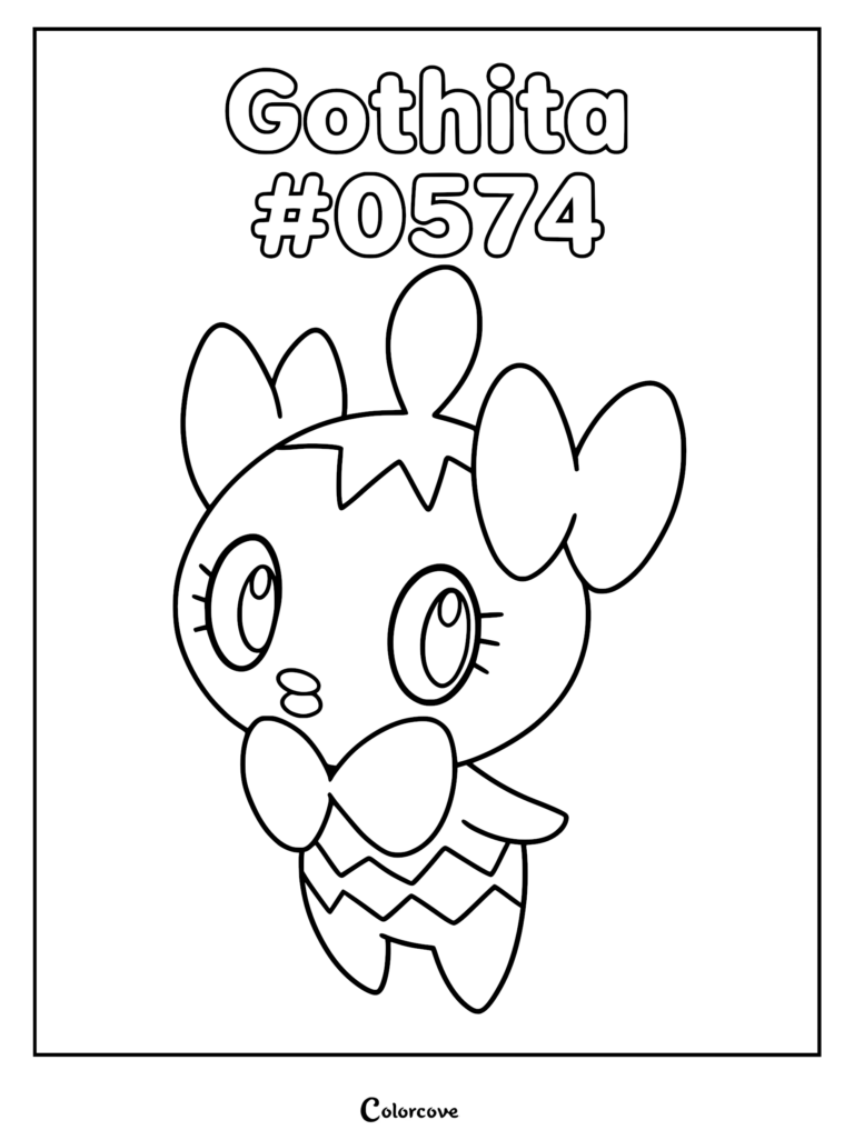 A printable Gothita Pokemon coloring page featuring the Unova region character with its signature bow-like appendages and large eyes.