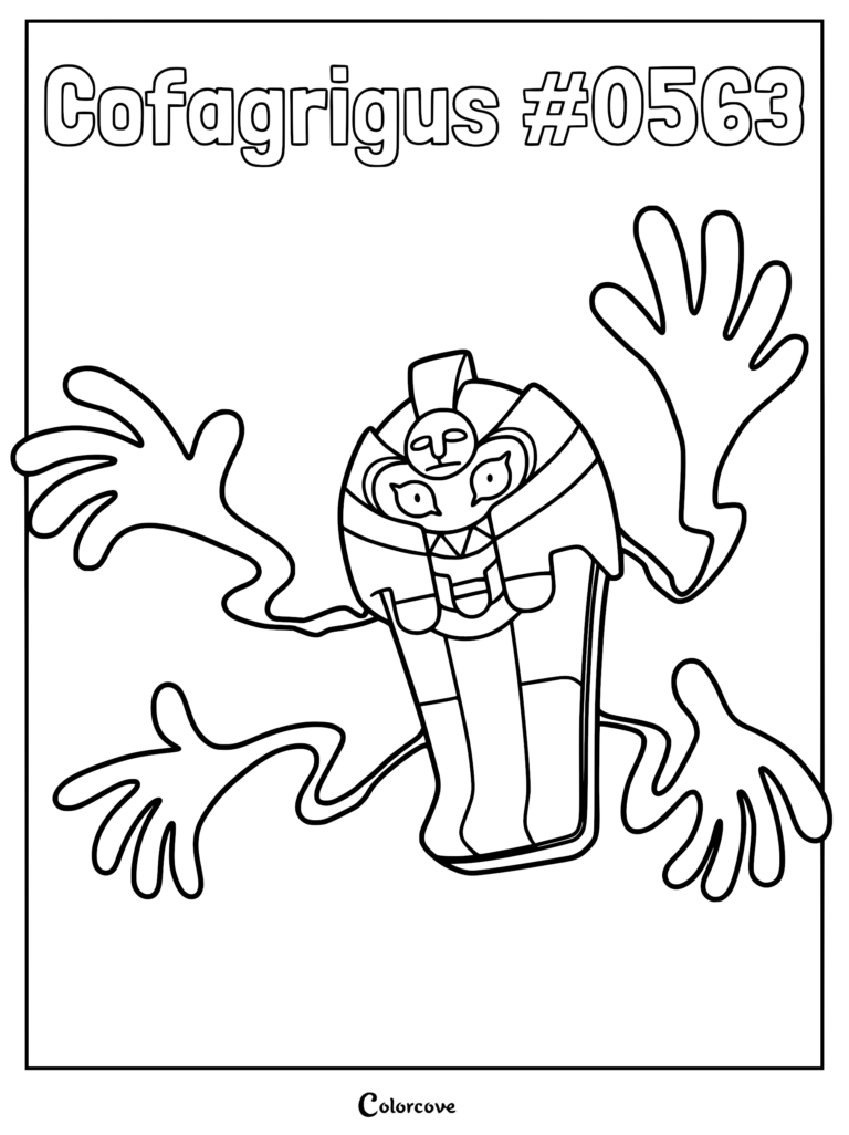 Cofagrigus with four long shadowy arms extended in a coloring page format.