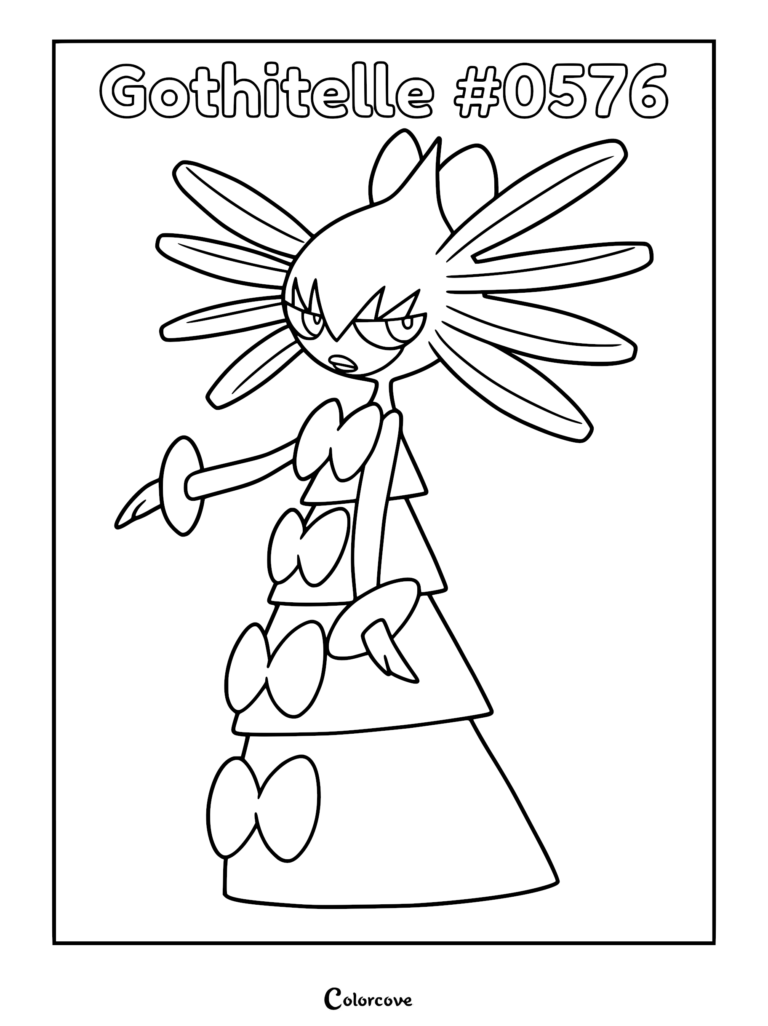 Gothitelle Pokemon with its signature star-shaped head ornaments and tiered dress in a printable coloring page format.