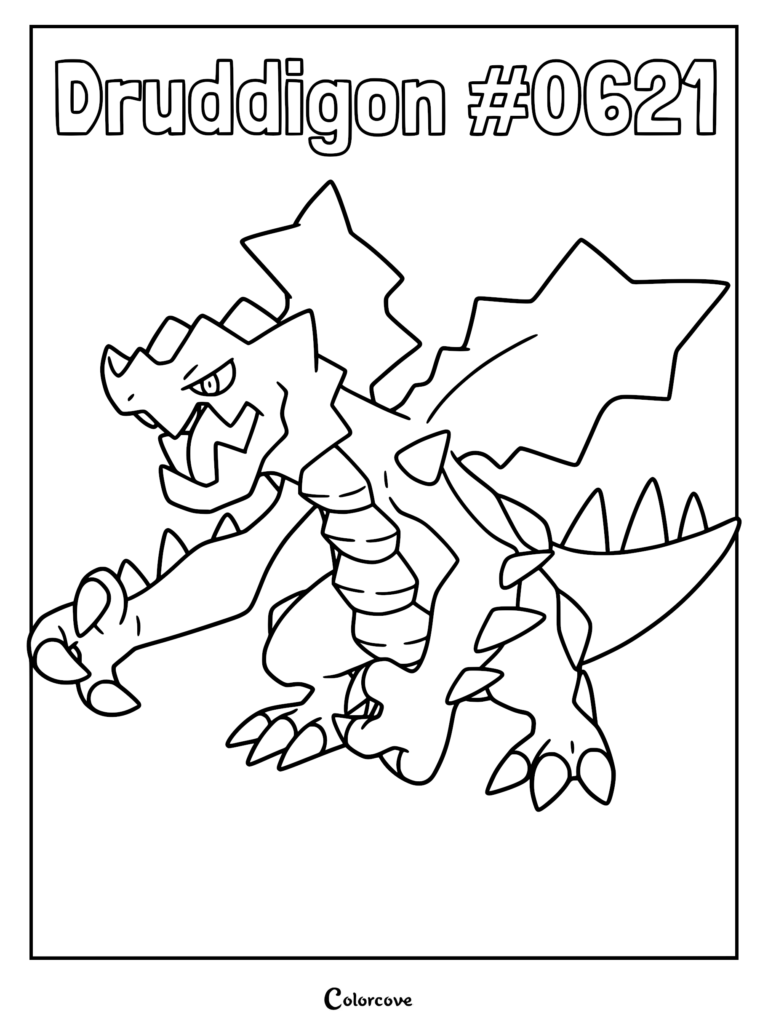 Druddigon standing in a dynamic pose for this printable coloring page featuring sharp spikes and wings.