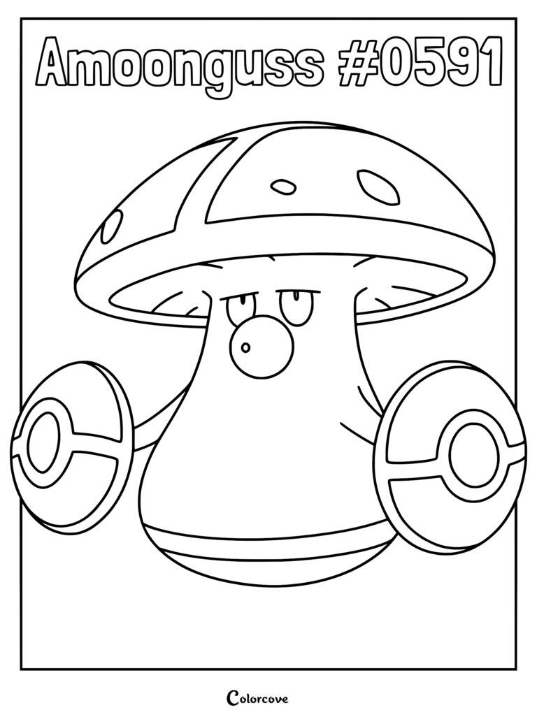 Amoonguss Pokemon coloring page featuring the mushroom creature with Poke Ball patterned arms and a wide cap.